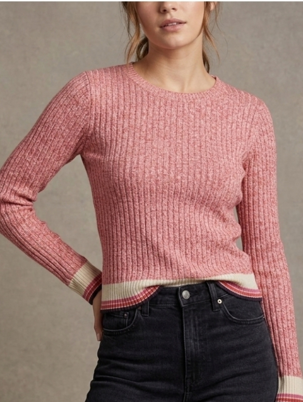 PRINCE & FOX Ribbed Knit Long Sleeve Sweater Pink Marl Striped Trim Size XS/TP